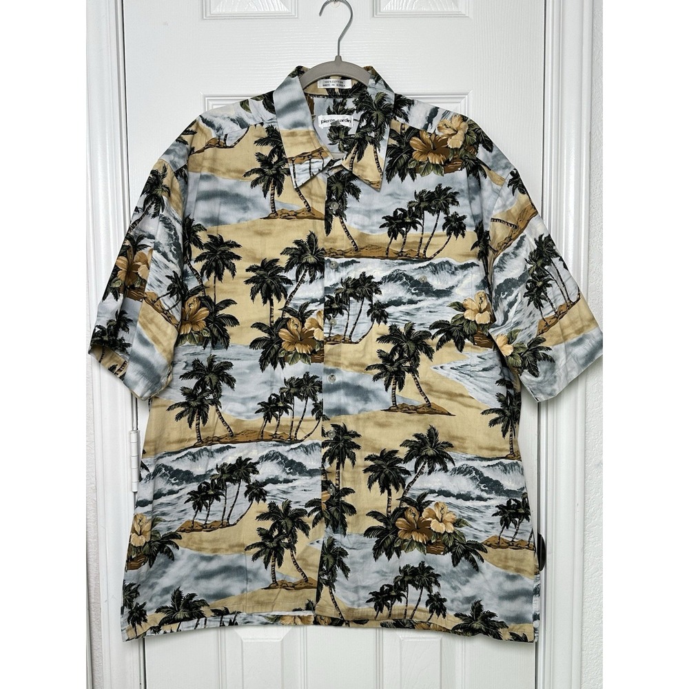 Pierre Cardin Men's XL Hawaiian Tropical Print Shirt Palm Trees Ocean Buttons